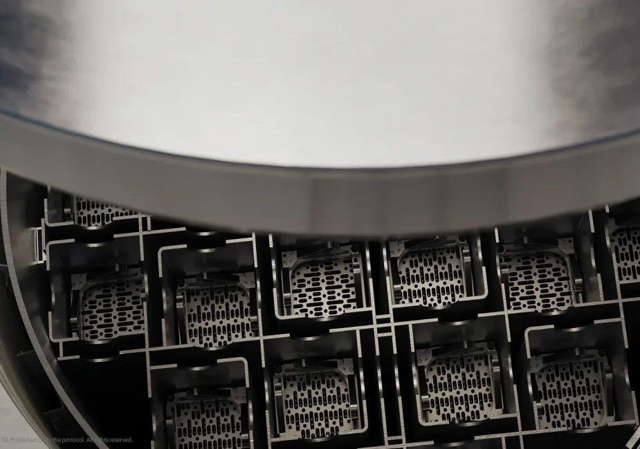 visualization of a spent nuclear fuel dry storage cask showing sealed canister, fuel basket, overpack, passive air cooling paths and closure lids.