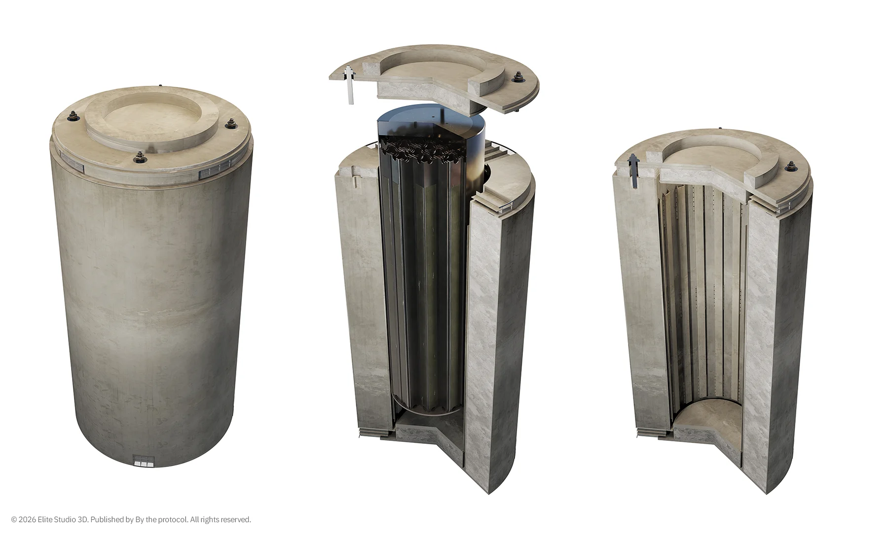 Cross-section 3D visualization of a spent nuclear fuel dry storage cask showing sealed canister, fuel basket, overpack, passive air cooling paths and closure lids.