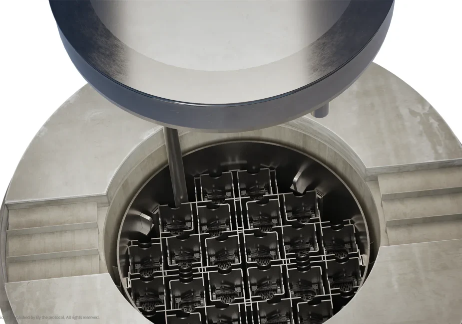 visualization of a spent nuclear fuel dry storage cask showing sealed canister, fuel basket, overpack, passive air cooling paths and closure lids.