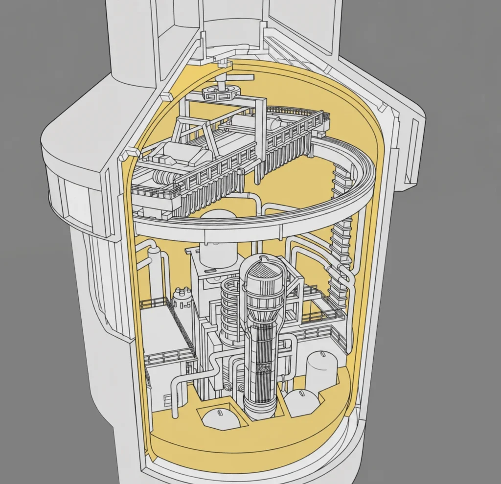 Simplified 3D cutaway of a reactor building. The containment boundary is highlighted in yellow, while the outer structure, internal levels, lifting infrastructure and reactor equipment are shown separately. The image is a functional illustration and not a plant-specific technical reference.